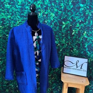 Chico’s Blue Textured Tweed Jacket Duster Fringe Trim Chico’s 3 Women’s Sz XL
